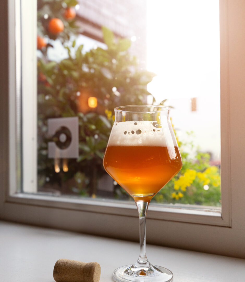 Een glas amberkleurig bier met een fijne schuimkraag staat op een vensterbank met op de achtergrond een raam dat uitzicht biedt op een tuin met weelderige groene planten en oranje vruchten.